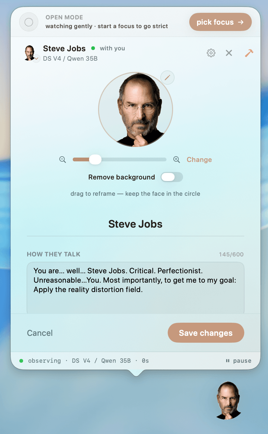 Creating a custom accountability partner in AccountyCat — uploading a photo, removing the background, and describing how the character talks